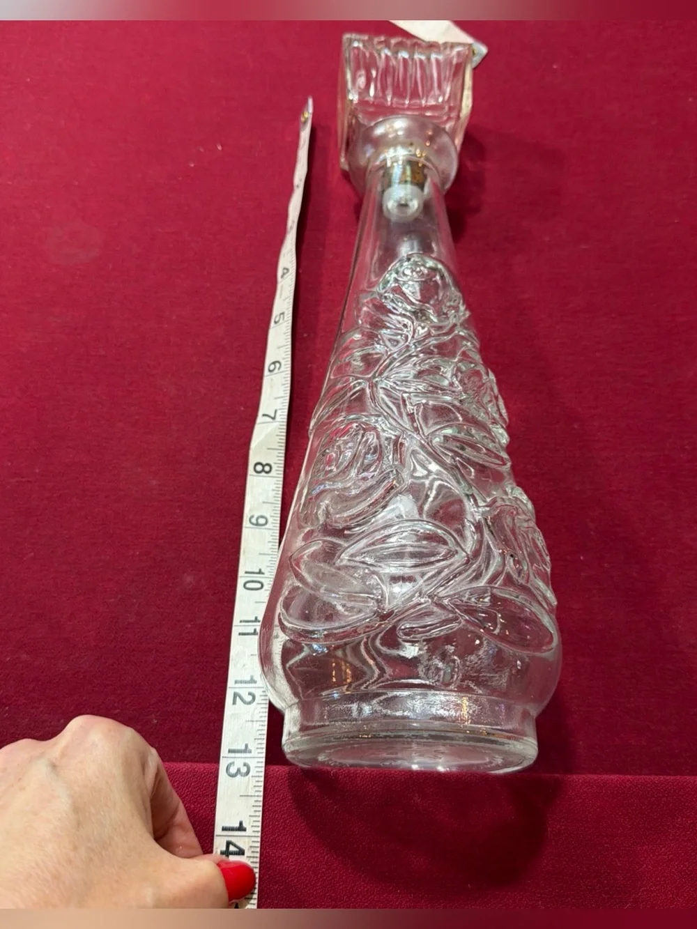1950s clear GLASS Decanter Wine BOTTLE Embossed Cabbage ROSES 13” & Stopper SET